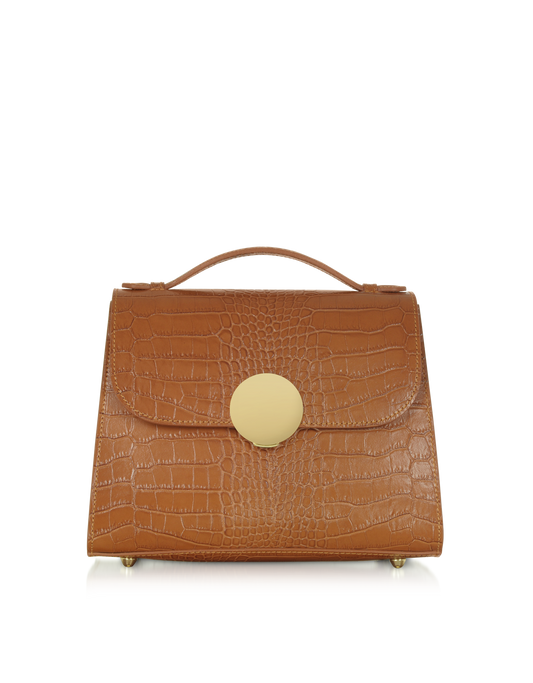 LE PARMENTIER - Bombo Croco Embossed Leather Top-Handle Satchel Bag w/Strap