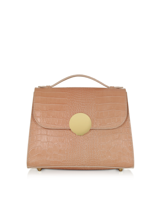 LE PARMENTIER - Bombo Croco Embossed Leather Top-Handle Satchel Bag w/Strap