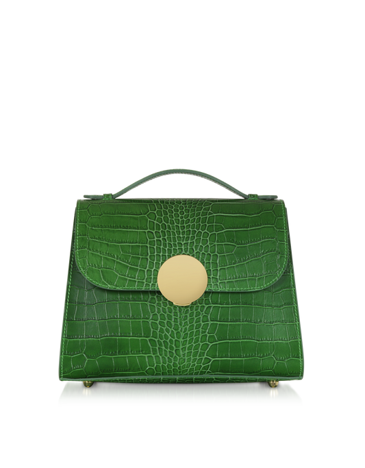 LE PARMENTIER - Bombo Croco Embossed Leather Top-Handle Satchel Bag w/Strap