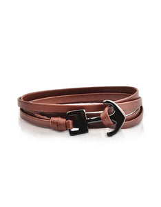 Brown Leather Men's Double Bracelet w/Black Anchor