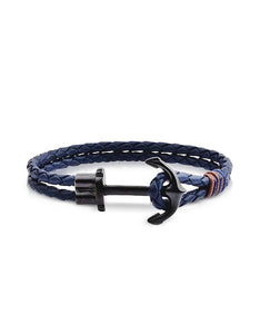 Dark Blue Leather Men's Bracelet w/Black Anchor