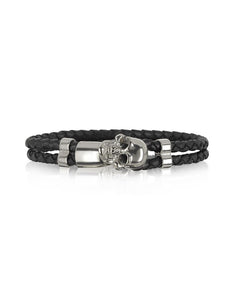 Skull Silver Tone Brass and Leather Men's Bracelet